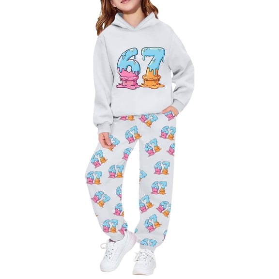 JAJAHO 67 Shirt For Kids 2 Piece Tracksuits Boys Girls Ice Print Long Sleeve Hoodies Sweatshirts Ankle-Tied Sweatpants 2-14 Years Versatile Sweat Suit