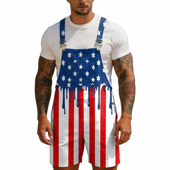 JAJAHO American Flag Overalls Mens Casual Rompers With Adjustable Straps Independence Day Celebration Bib Shorts 4Th Of July Outfit