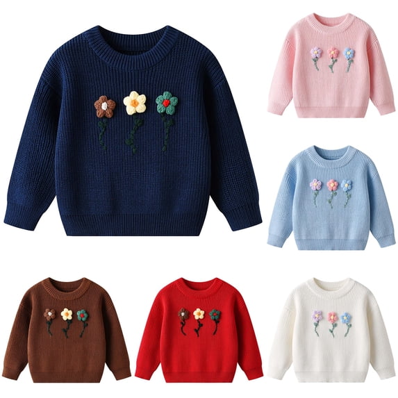JAJAHO Baby And Toddler Girls Sweaters 3 Flowers Embroidered Fall Winter Long Sleeve Knitted Pullover Tops 3M-8Y