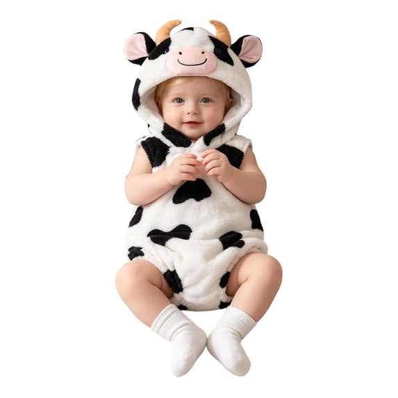JAJAHO Baby Boy Girl Clothes Flannel Animals Onesie Cute Cow Sleeveless Fluffy Shaggy Hooded Romper Bodysuits 3-18M