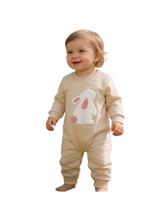 Baby Boy Girl Jumpsuits Easter Bunny Embroidery Long Sleeve Toddler Romper Soft Warm Outdoor Play Holiday Outfit 0-18M Cute Onesie