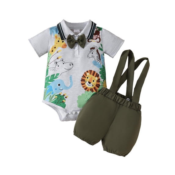 JAJAHO Baby Boys Gentleman Outfits Infant Short Sleeve Cartoon Animals Print Bodysuits And Suspenders Shorts 2 Piece Set 0-18 Months Versatile Outfit