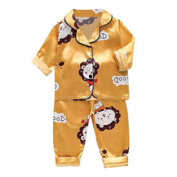 JAJAHO Baby Boys Girls 2 Piece Outfits Silk Satin Home Clothes Set Long Sleeve Button Down Shirt And Long Pants Cartoon Animals Matching Set 0-4T Stylish Outfit