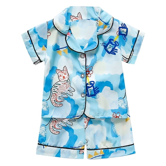 JAJAHO Baby Boys Girls 2 Piece Summer Outfits Silk Satin Home Clothes Set Short Sleeve Button Down Shirt And Shorts Cute Cartoon Animals Matching Set 0-4T Soft Outfit