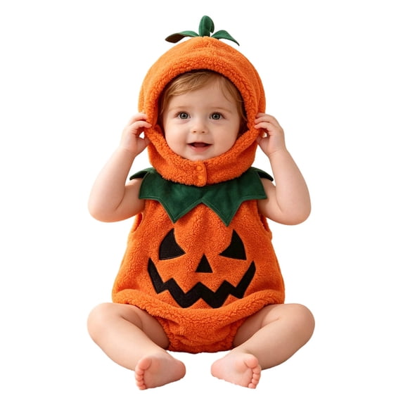 JAJAHO Baby Boys Girls Pumpkin Bodysuit Halloween Romper Holiday Flannel Onesie With Hat 2 Piece Set 0-18M