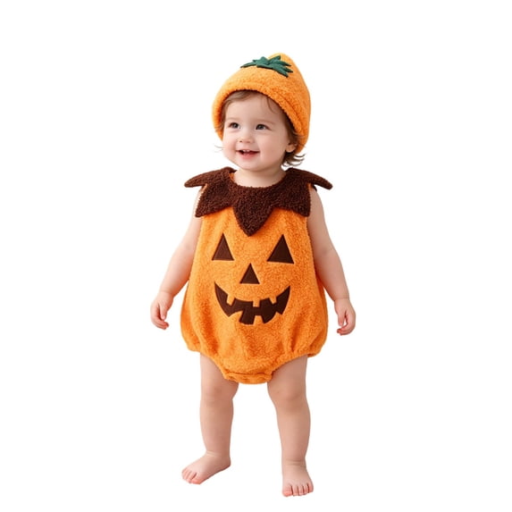 JAJAHO Baby Boys Girls Pumpkin Bodysuit Halloween Romper Holiday Flannel Onesie With Hat 2 Piece Set 0-18M