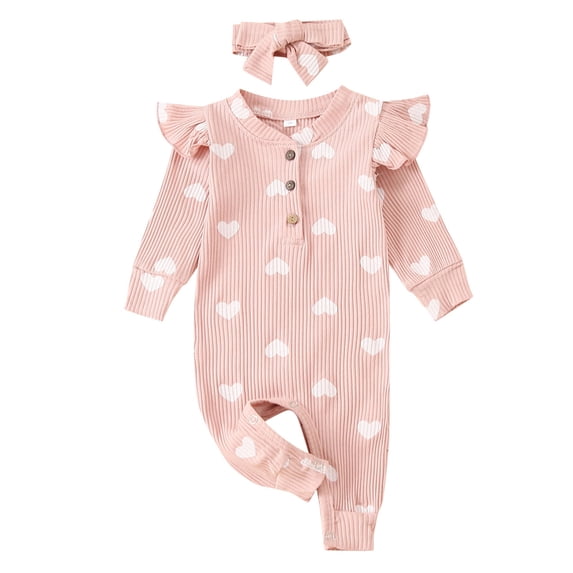 JAJAHO Baby Girl Clothes Romper Heart Print Ribbed Button Up Long Sleeve Jumpsuit With Headband Toddler Valentine's Day 2PCS Set Trendy Outfit