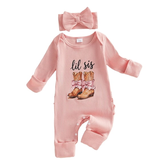 JAJAHO Baby Girl Clothes Newborn Infant Romper Long Sleeve Ribbed Letter Cartoon Print Jumpsuits With Bow Headbands 2 Piece Set 0-6M Comy Onesie