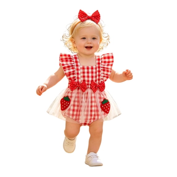 JAJAHO Baby Girl Clothes Romper Dress Flutter Sleeve Bow Cue Cartoon Fruit Design Bodysuits With Headbands 2 Piece Set 0-18M Soft Onesie