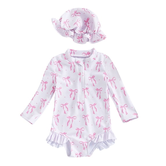 JAJAHO Baby Girl Swimsuit Long Sleeve Rash Guard One Piece Swimsuit Bow Print Ruffle Front Zipper Bathing Suit With Swim Cap 2PCS Set For 0-3 Years Stylish Swimwear