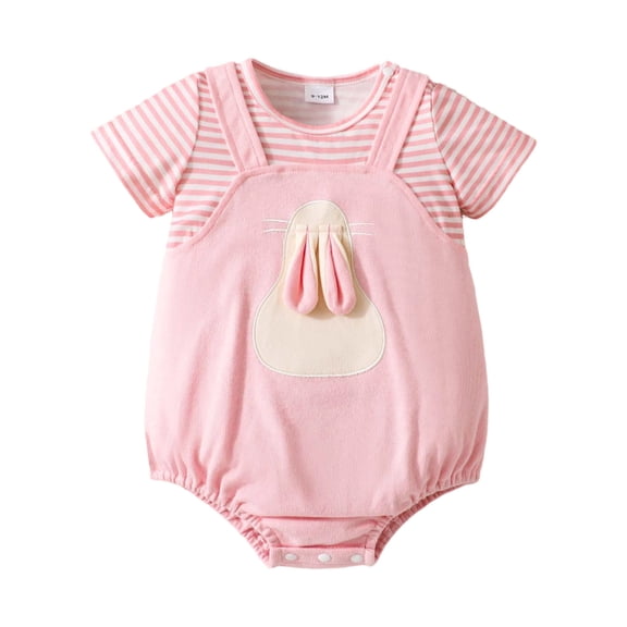 JAJAHO Baby Girls Bodysuit Easter Bunny Embroidery Short Sleeve Striped Newborn Infant Romper For Toddler 0-18M Stylish Onesie