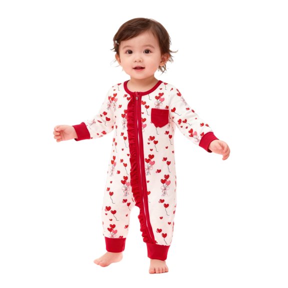 JAJAHO Baby Girls Long Sleeve Romper Heart Print Ruffle Trim Zipper Jumpsuit Outfit Valentine's Day Stylish One-Pieces