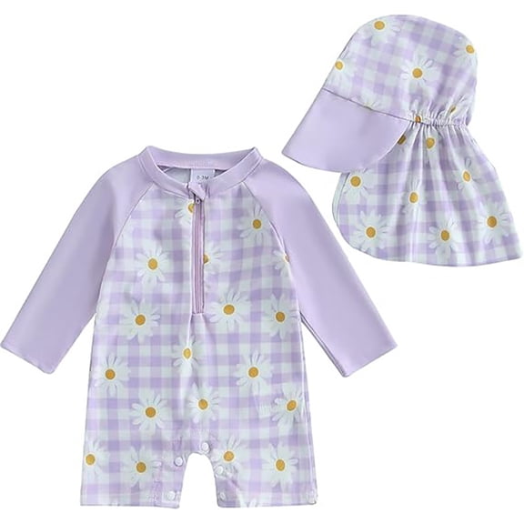 JAJAHO Baby Girls One Piece Swimsuit Long Sleeve Rash Guard Floral Print Zipper Bathing Suit With Sun Hat For Kids 0-3 Years Comfortable Swimwear