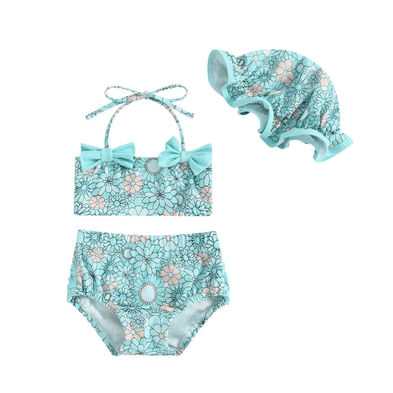 JAJAHO Baby Girls Swimwear Self Tie Halter Swimsuit Bikini Set With Matching Hat For Infant Toddler 3 Piece Summer Sun Beachwear Cozy Swimwear