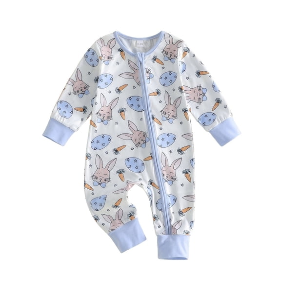 JAJAHO Baby Jumpsuits Boys Girls Easter Bunny Printed Long Sleeve Zipper Lightweight Romper 0-12M Soft Onesie