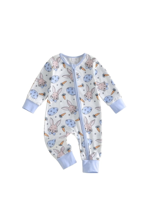 Baby Jumpsuits Boys Girls Easter Bunny Printed Long Sleeve Zipper Lightweight Romper 0-12M Trendy Onesie