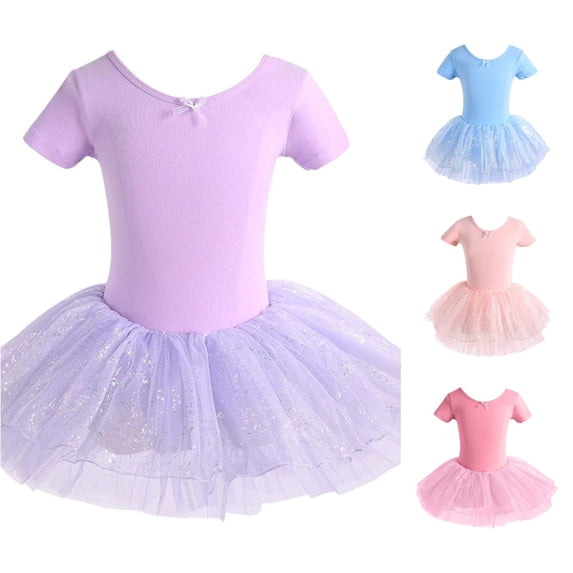 JAJAHO Ballet Leotards For Girls Dance Leotard With Skirt Criss-Cross Back Stretchy Short Sleeve Ballerina Gymnastics Outfit 1-14Y