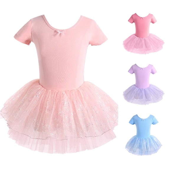 JAJAHO Ballet Leotards For Girls Dance Leotard With Skirt Criss-Cross Back Stretchy Short Sleeve Ballerina Gymnastics Outfit 1-14Y