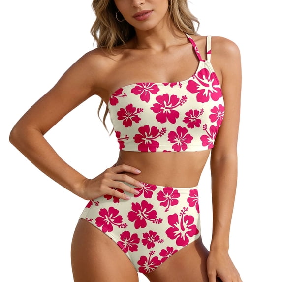 JAJAHO Bikini Set For Women 2 Piece Swimsuits Floral Printed One Shoulder Bathing Suit With High Waisted Bottoms Stylish Beachwear