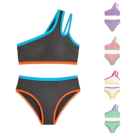 JAJAHO Bikini Sets For Girls 2 Piece Swimsuits One Shoulder Color Block Bathing Suit For Kids Teens 7-16Y Stylish Beachwear
