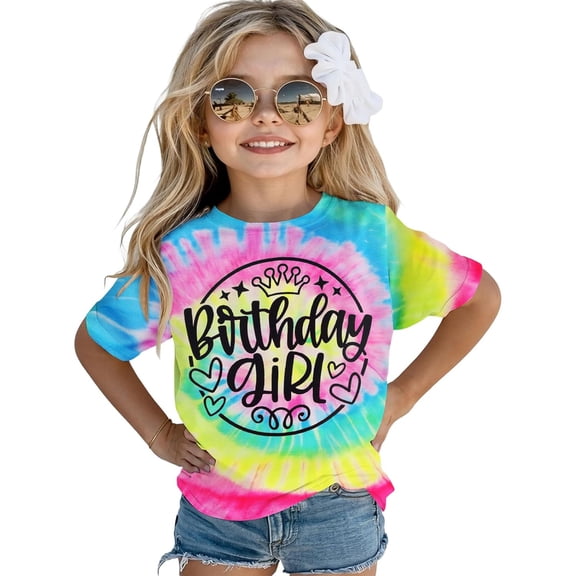 JAJAHO Birthday Girls Shirt Kid Toddler Tie Dye Short Sleeve Letter Print T Shirt Birthdays Party Tee Stylish Tops