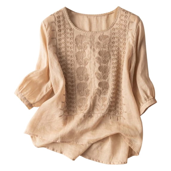 JAJAHO Boho Linen T Shirt For Women Long Sleeve Casual Loose Fit Crewneck Solid Color Top Floral Embroidered Stylish Tops