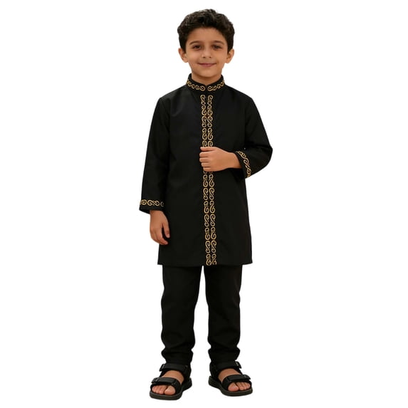 JAJAHO Boys 2 Piece Sets Abaya Outfits Long Sleeve Ethnic Style Embroidery T Shirts Loose Fit Straight Leg Pants Set Boy Traditional Clothes 3-12 Years Stylish Outfit