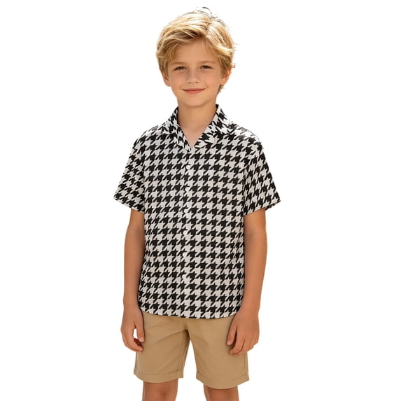 JAJAHO Boys Button Down Shirt Houndstooth Print Short Sleeve Turndown Collar Shirts For Kids 2-15Y