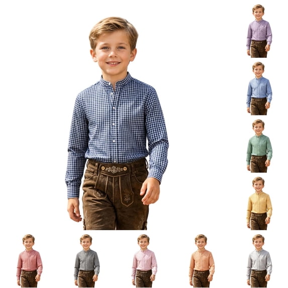 JAJAHO Boys Button Down Shirt Long Sleeve Plaid Dress Shirts With Pocket Stand Collar Regular Fit Blouses Formal Wear For Kids 2-14Y Stylish Tops