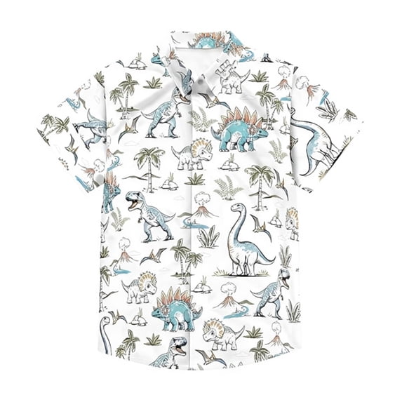 JAJAHO Boys Button Up Shirts For Kids Cartoon Dinosaur Printed Short Sleeve Button Down Collared Shirts 3-13Y Stylish Tops