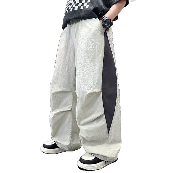 JAJAHO Boys Casual Summer Thin Pants Breathable Kids Activewear Wide Leg Elastic Waist Color Block Pants 4-15Y Trendy Trousers