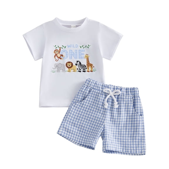 JAJAHO Boys Girls 2 Piece Outfits Toddler Baby Summer Cartoon Animals Printed Short Sleeve T Shirt And Plaid Shorts 6-18M Stylish Outfit