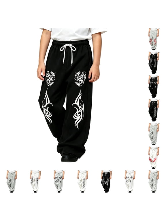 Boys Girls Baggy Sweatpants Gothic Graphic Drawstring Wide Leg Y2k Pants For Kids Teens 4-15Y