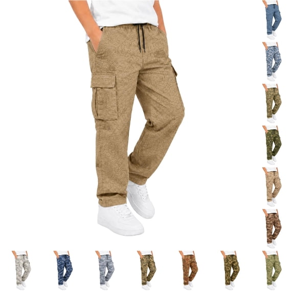 JAJAHO Boys Girls Camo Cargo Pants Back To School Clothes Casual Drawstring Relaxed Fit Straight Leg Pants 5-16Y