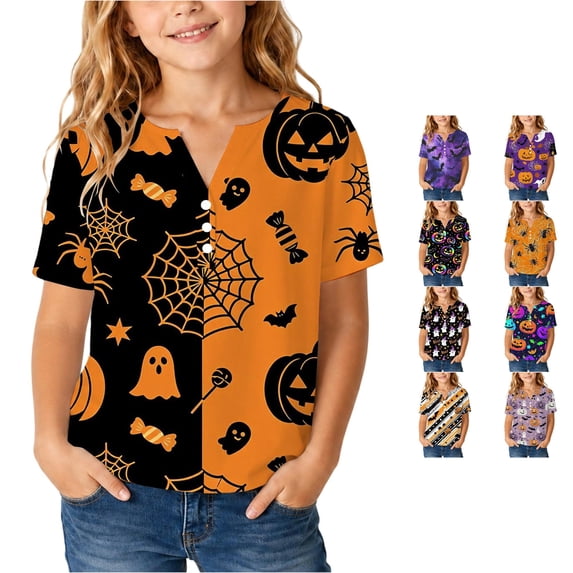 JAJAHO Boys Girls Halloween Graphic Tees Short Sleeve V Neck T Shirt Spooky T-Shirts For Kids 4-16Y