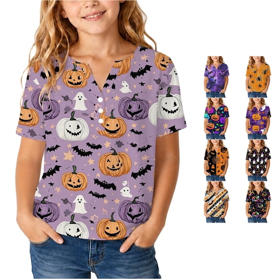 JAJAHO Boys Girls Halloween Graphic Tees Short Sleeve V Neck T Shirt Spooky T-Shirts For Kids 4-16Y