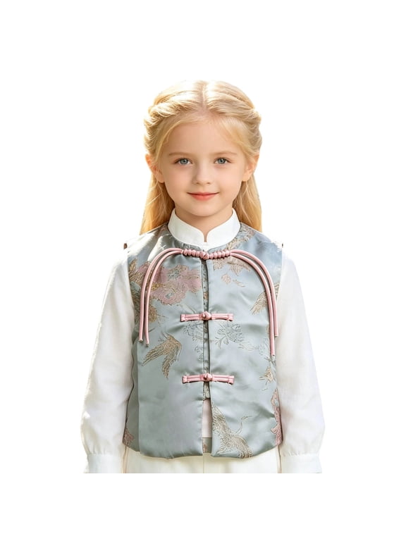 Boys Girls Hanfu Vest Traditional Clothes Ruffle Floral Printed Outerwear Vests For Kids 2-12Y Trendy Tops