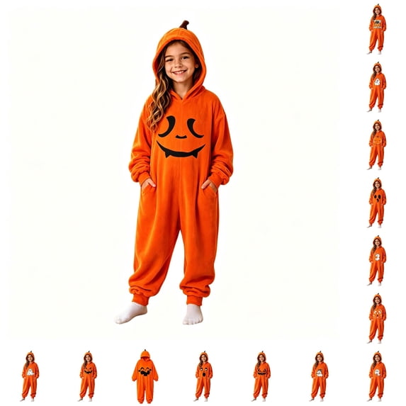 JAJAHO Boys Girls Pumpkin Face Jumpsuit Soft Flannel Pajama Halloween Long Sleeve Loose Hooded Onesie For Kids 4-14Y