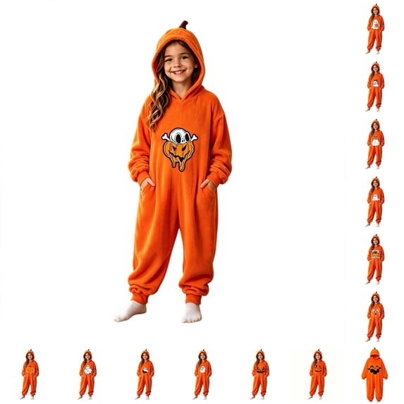 JAJAHO Boys Girls Pumpkin Face Jumpsuit Soft Flannel Pajama Halloween Long Sleeve Loose Hooded Onesie For Kids 4-14Y