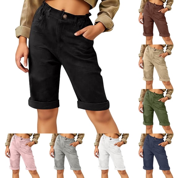 JAJAHO Boys Girls Shorts Unisex Kids Rolled Hem Elastic Waist Loose Fit Straight Leg Knee Length Shorts 5-15Y Comfy Bottoms