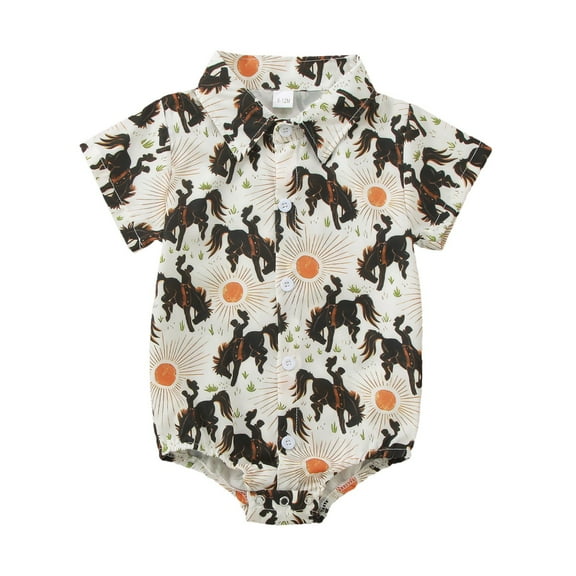 JAJAHO Boys Girls Summer Bodysuits Infant Casual Cartoon Print Short Sleeve Button Up Collared Bodysuits Toddler Baby Stylish One-Pieces