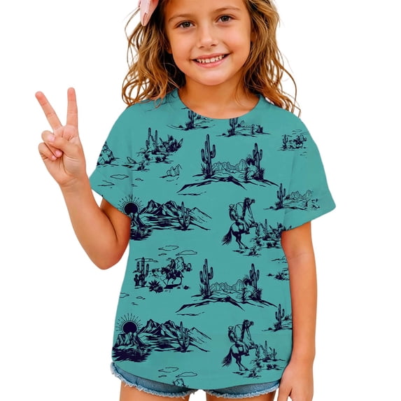 JAJAHO Boys Girls Western Cowboy Graphic Tees Short Sleeve T Shirt Casual Round Neck Summer Tops For Kids 2-13Y