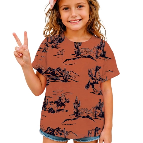 JAJAHO Boys Girls Western Cowboy Graphic Tees Short Sleeve T Shirt Casual Round Neck Summer Tops For Kids 2-13Y