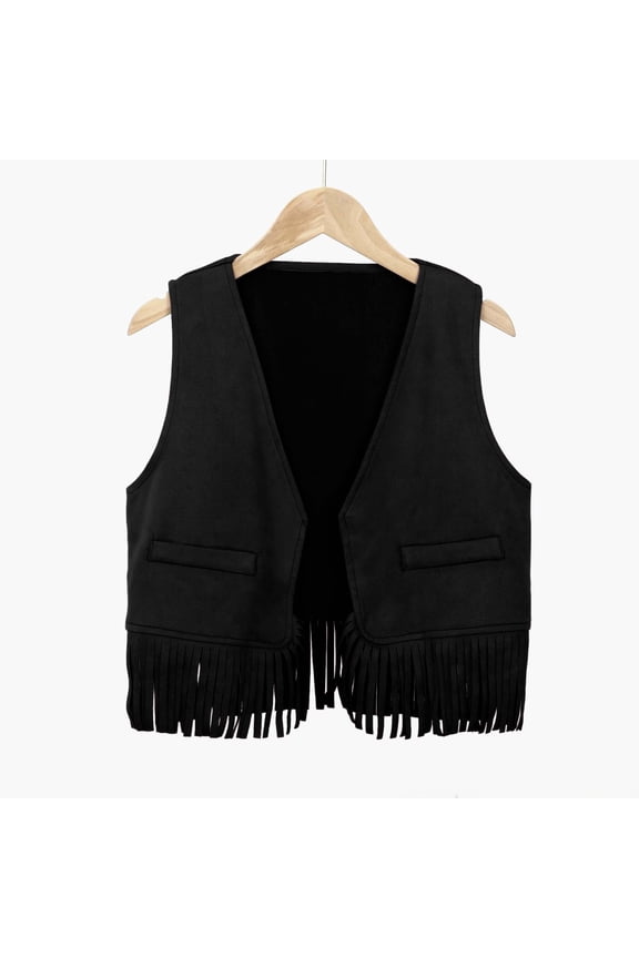 Boys Girls Western Cowboy Vest Tassels Hem Suede Open Front Cardigan Concert Rave Party Clothes For Kids 3-12Y
