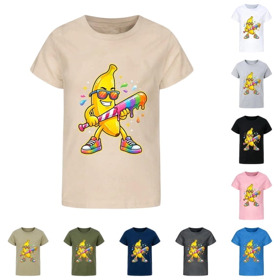 JAJAHO Boys Graphic Tees Funny Banana Print Short Sleeve Crew Neck Loose Fit Summer T Shirt For Kids 2-13Y