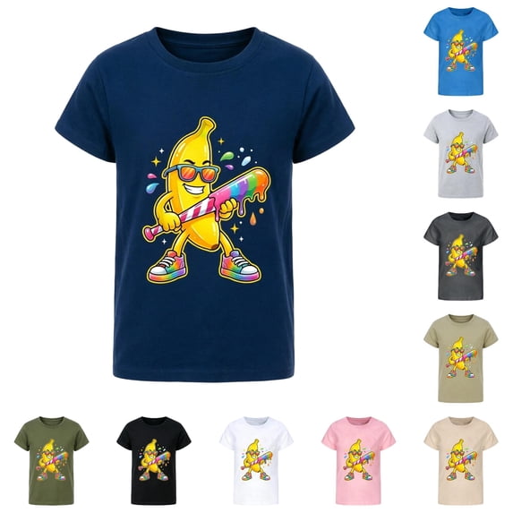 JAJAHO Boys Graphic Tees Funny Banana Print Short Sleeve Crew Neck Loose Fit Summer T Shirt For Kids 2-13Y