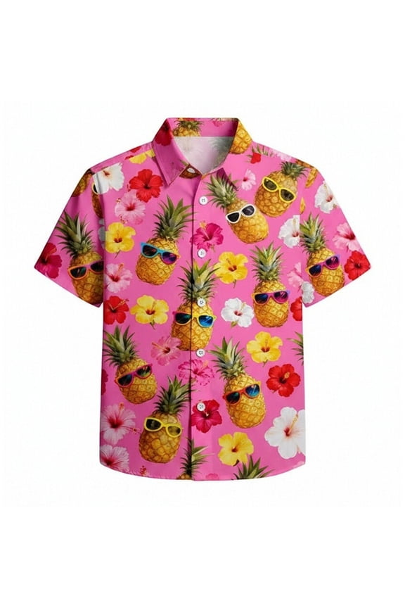 Boys Hawaiian Shirts Funny Pineapple Print Short Sleeve Button Down Collared Shirts For Kids 3-13Y Beach Vacation Stylish Tops