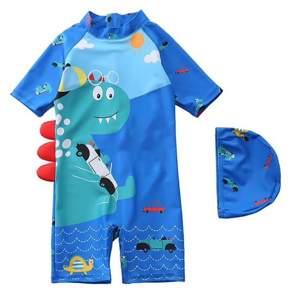 JAJAHO Boys Long Sleeve One Piece Swimsuit Rash Guard Sun Protection Back Zipper Bathing Suit With Swimming Cap For Kids Beach Party 2PCS Trendy Swimwear