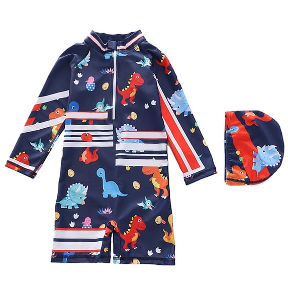 JAJAHO Boys Long Sleeve Rash Guard Swimsuit One Piece Zipper Bathing Suit With Matching Swim Cap 2PCS Set For Beach Pool Soft Swimwear