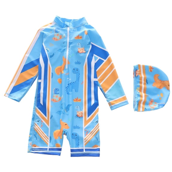JAJAHO Boys Long Sleeve Rash Guard Swimsuit One Piece Zipper Bathing Suit With Matching Swim Cap 2PCS Set For Beach Pool Stylish Swimwear